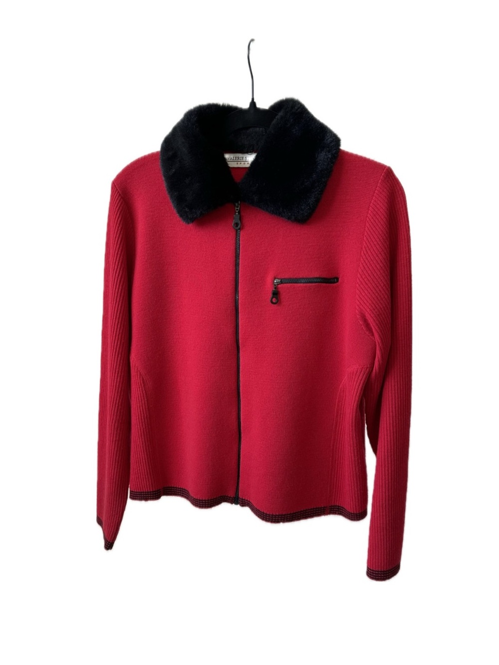 VTG 1990s Valerie Steven’s Chic Sporty Knit Zip Sweater Faux Fur Collar-Large
